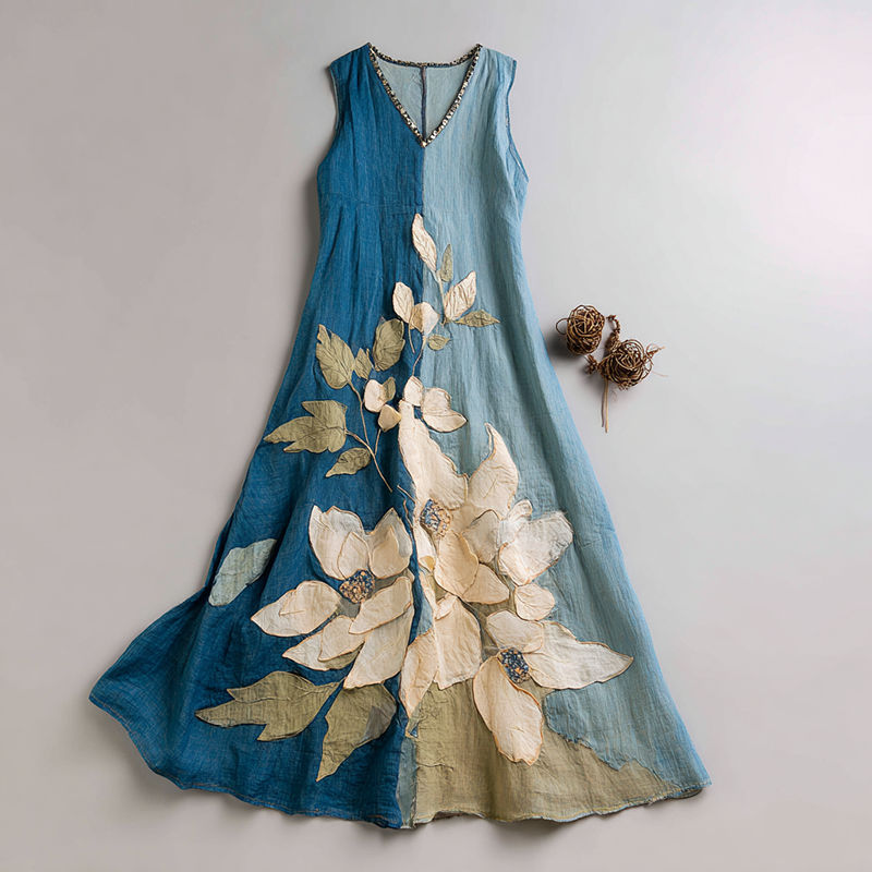 Comstylish Women's Vintage Oil Painting Floral Art Contrast Color Linen Sleeveless Dress