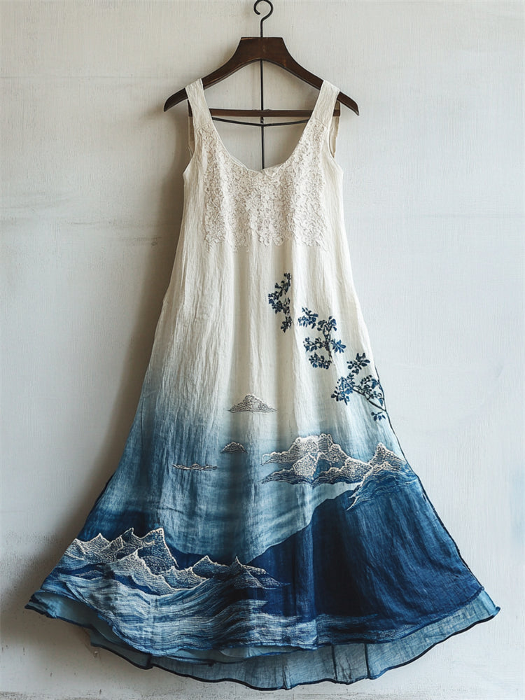 Comstylish Japanese Sea Waves Ink Art Lace Patchwork Linen Dress