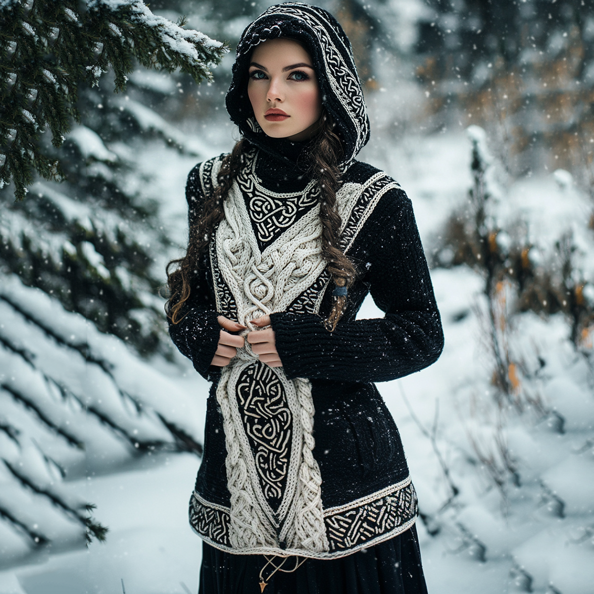 Women's Viking Tribal Celtic Chunky Knit Hooded Sweater artswardrobe