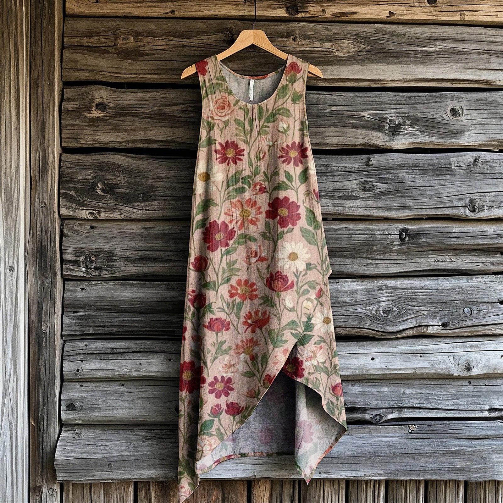 Women's  Bohemian Style Lovely Flowers Art Irregular Design Sleeveless Dress artswardrobe