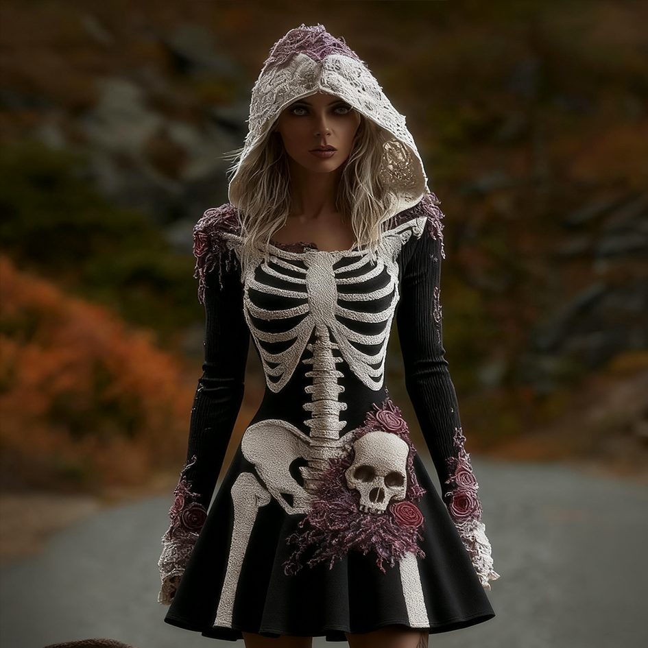 Comstylish Women's Halloween Line Art Hooded Knit Lace Dress