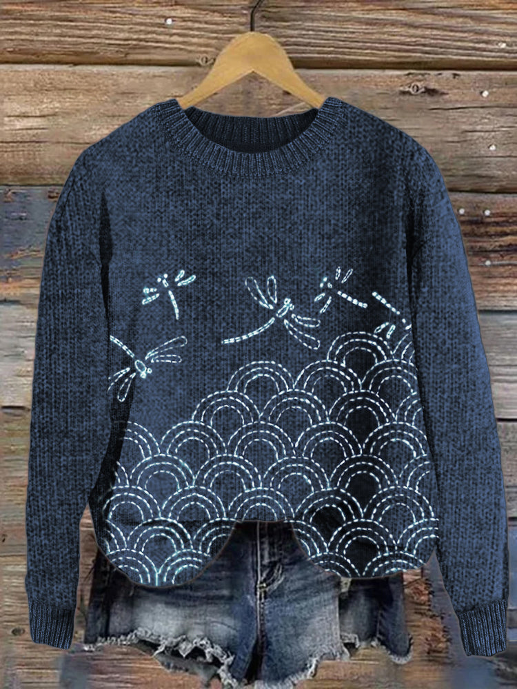 Comstylish Dragonflies & Sea Waves Japanese Sashiko Embroidered Knit Sweater