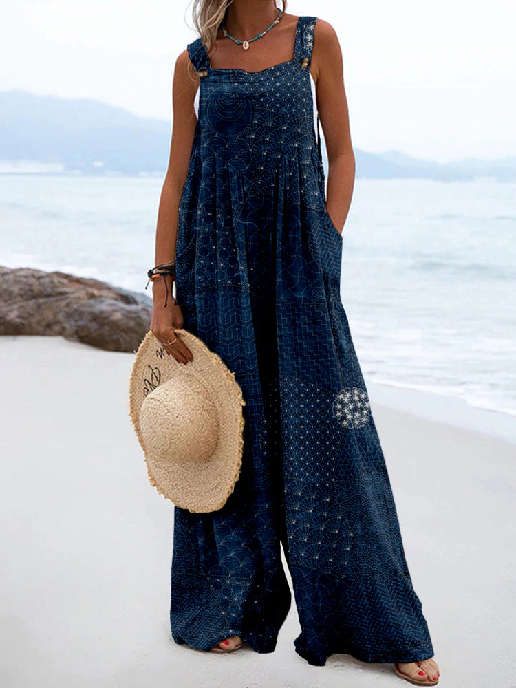 Comstylish Japanese Traditional Sashiko Art Linen Blend Jumpsuit