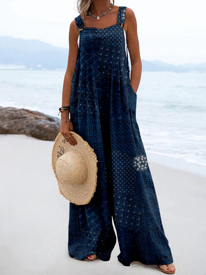 Comstylish Japanese Traditional Sashiko Art Linen Blend Jumpsuit