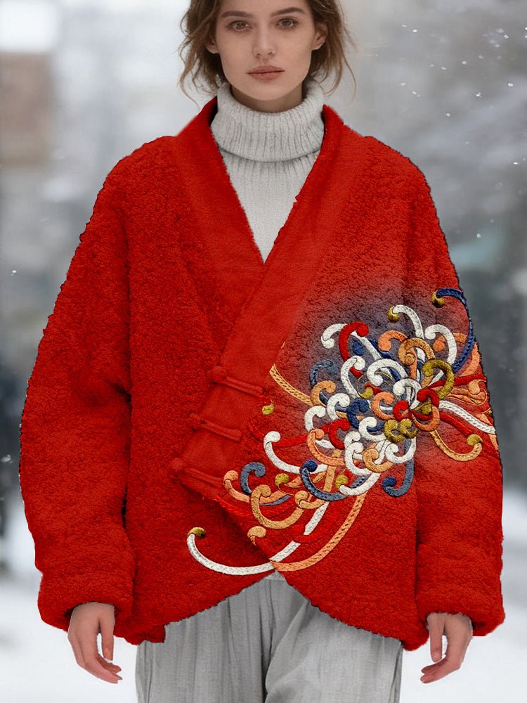 Comstylish Embroidered Japanese Flower Art Fleece Kimono Cardigan