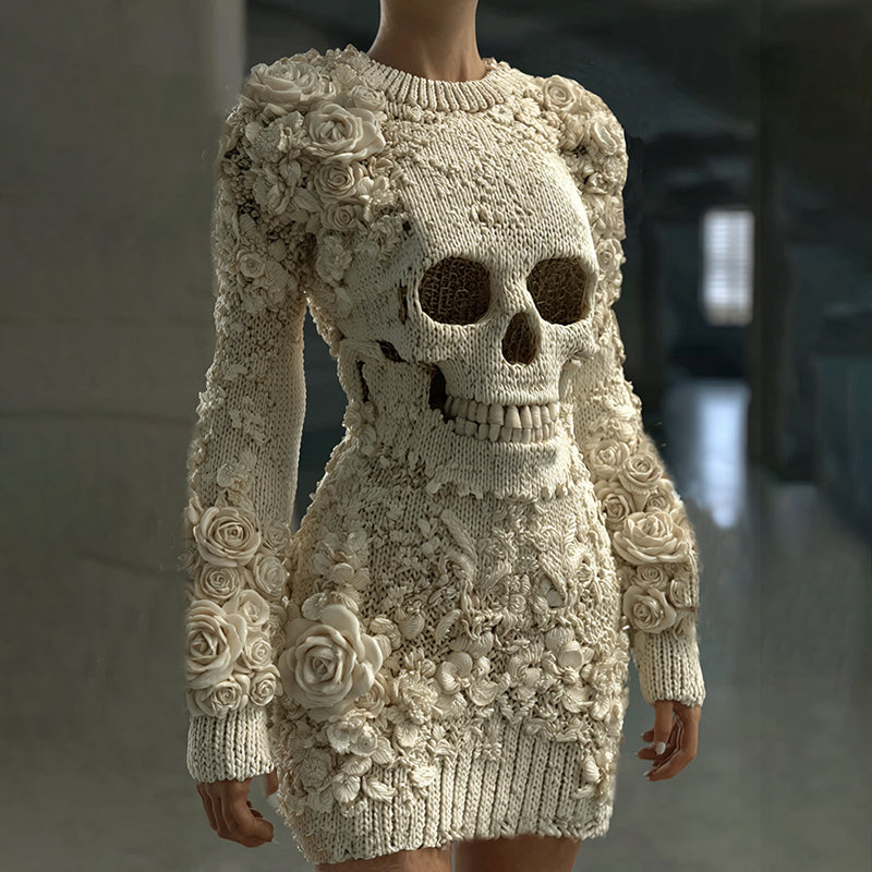 Comstylish Women's Hot Sexy Style Halloween Skeleton Bones Leather With Rose Pattern Art Cozy Knit Mini Sweater Dress