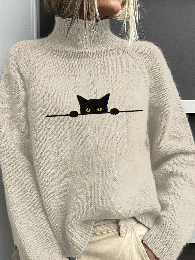 Women's Casual Funny Black Cat Print High Neck Sweater artswardrobe