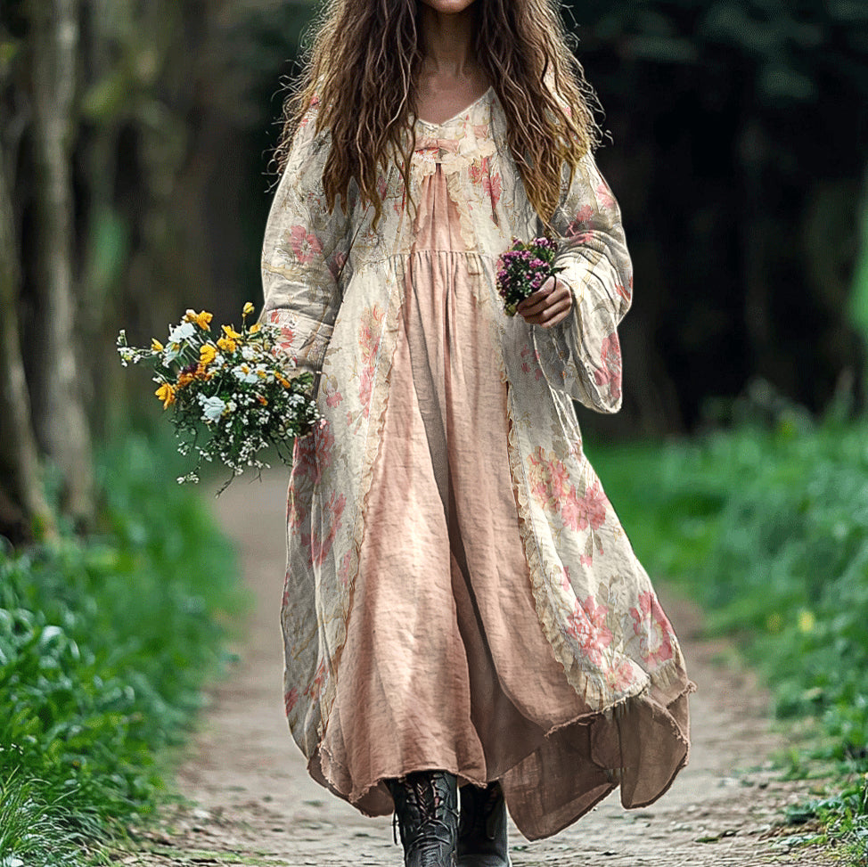 Women's Vintage Floral Patchwork Linen Blend Midi Dress artswardrobe