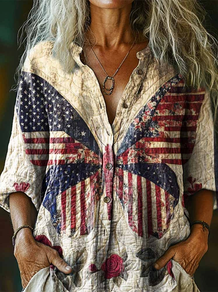 Women's Memorial Day Butterfly Print Casual Cotton Linen Shirt