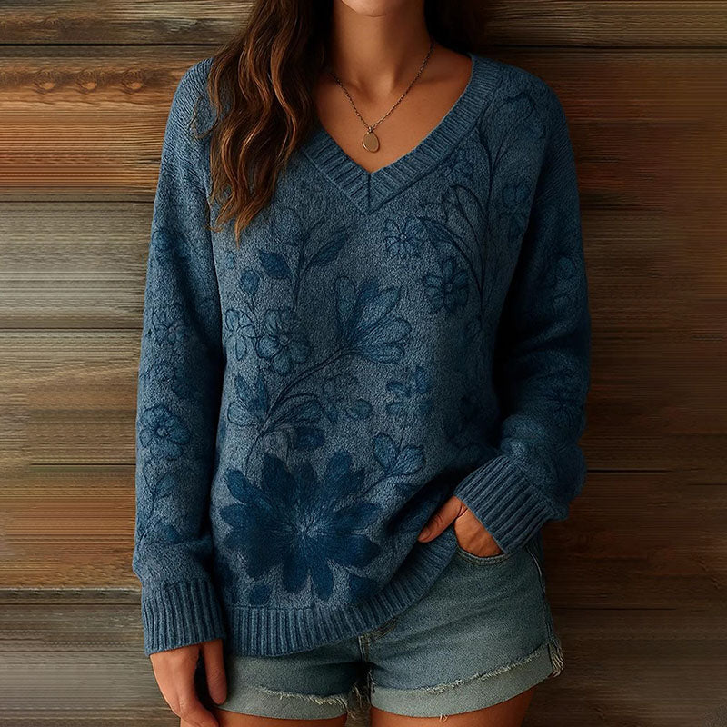 Comstylish Women's Retro Floral Print V-neck Cozy Knit Sweater