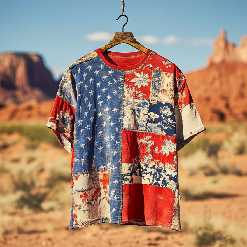 Men's Independence Day America Blue Red With Floral Patchwork Pattern Art Casual Short Sleeve T-shirt artswardrobe