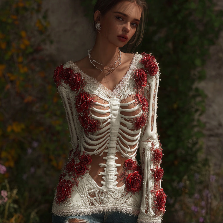 Women's Halloween Skeleton Bones With Roses And Skull Art Casual V Neck Sweater artswardrobe