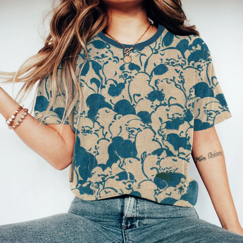 Comstylish Women Japanese Art Dogs Printed Round Neck T-Shirt
