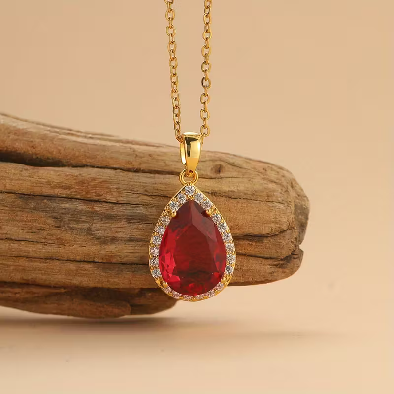 Ruby Teardrop Halo Necklace