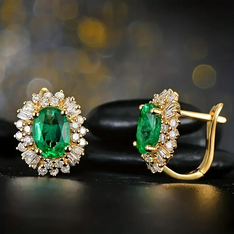 Green Rounded Zirconia Gold Earrings