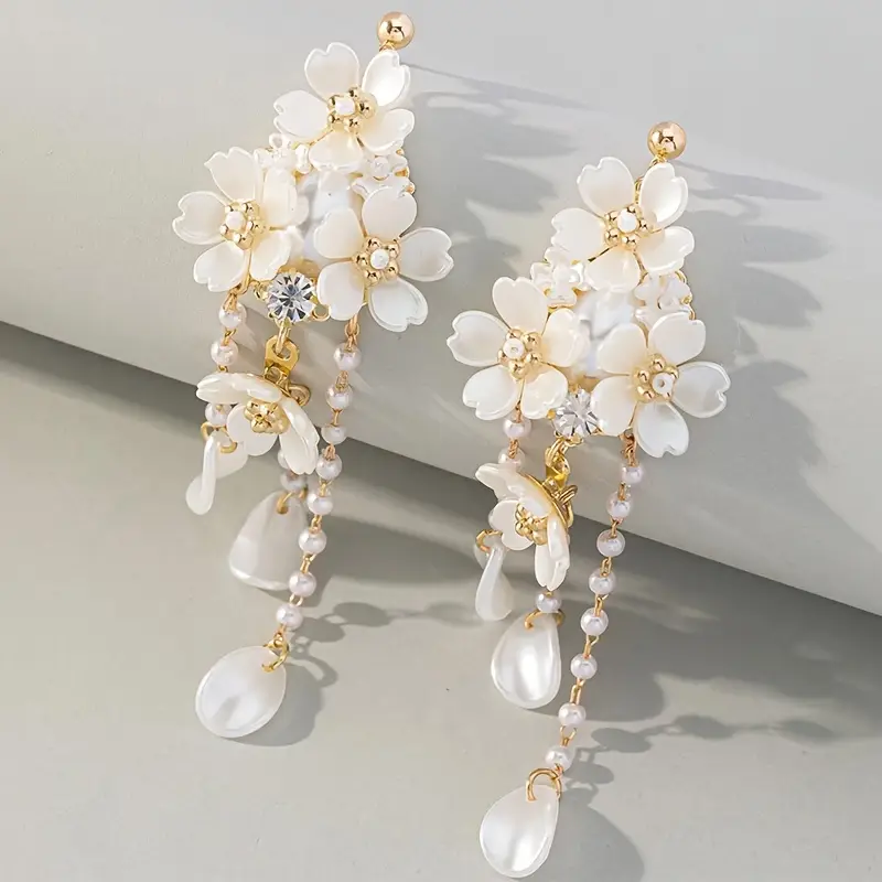 Dangling Blossom White Pearl Earrings