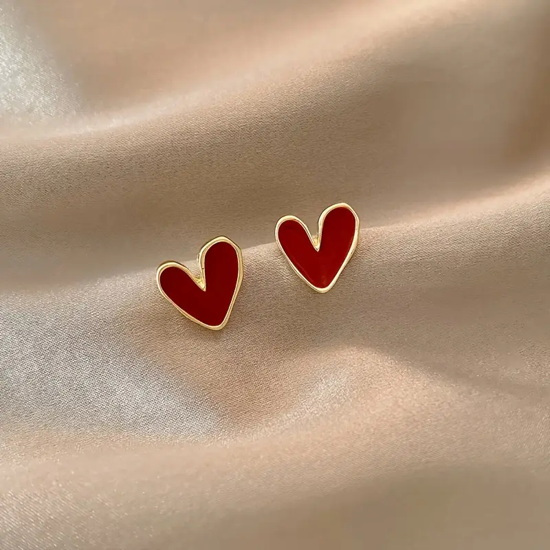 Vintage Red Heart Gold Earrings